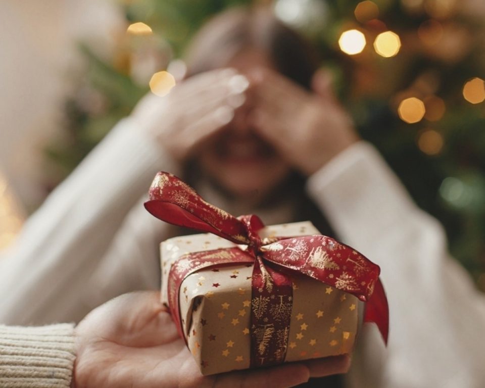 Stock photo merry christmas and happy holidays hand holding christmas gift box on background of happy woman 2230356789 transformed