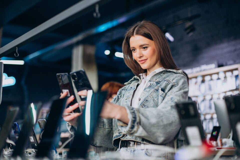 Mujer eligiendo telefono en la tienda de tecnologia 1